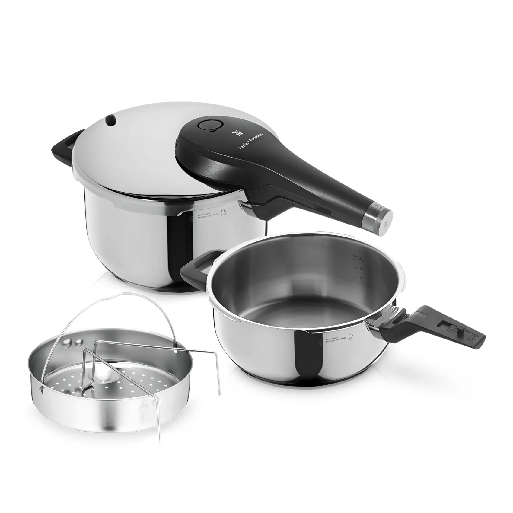 WMF Schnellkochtöpfe|Induktionstöpfe|Perfect Premium One Pot Schnellkochtopf-Set mit Dampfgareinsatz, 22 cm, 4,5 und 3,0 Liter